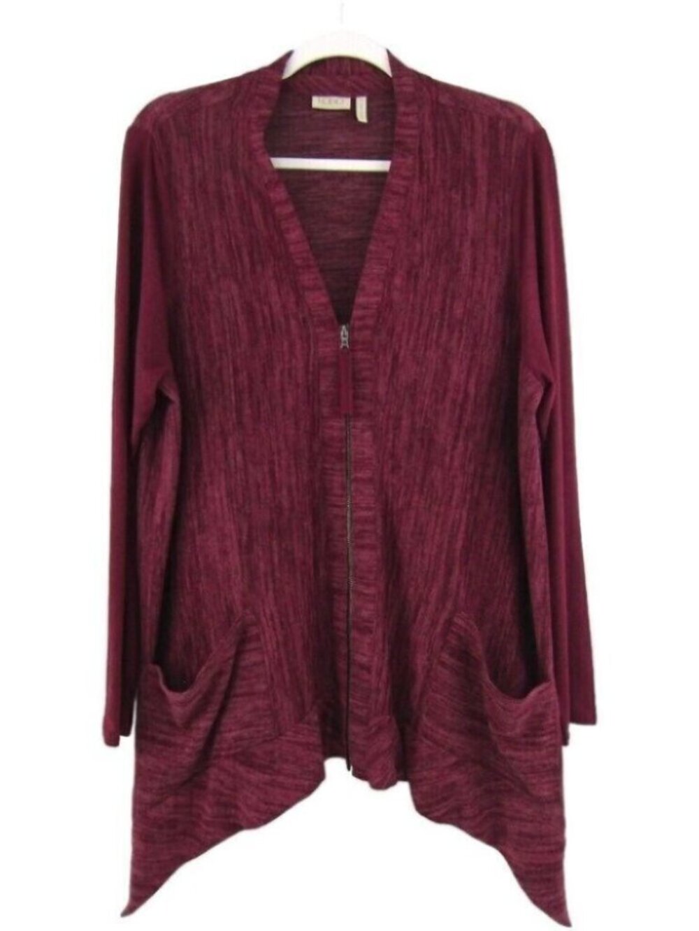 LOGO Lori Goldstein Burgundy Heather Full Zip Jacket Size L Faux Suede Sleeves